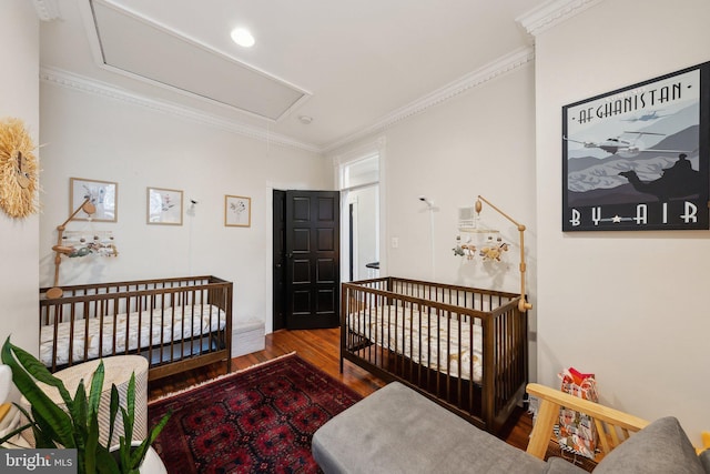 1619 Marion St NW, Washington, DC 20001 - bedroom with attic access, wood finished floors, and ornamental molding