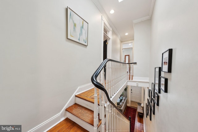 1619 Marion St NW, Washington, DC 20001 - staircase with wood finished floors, baseboards, ornamental molding, and recessed lighting