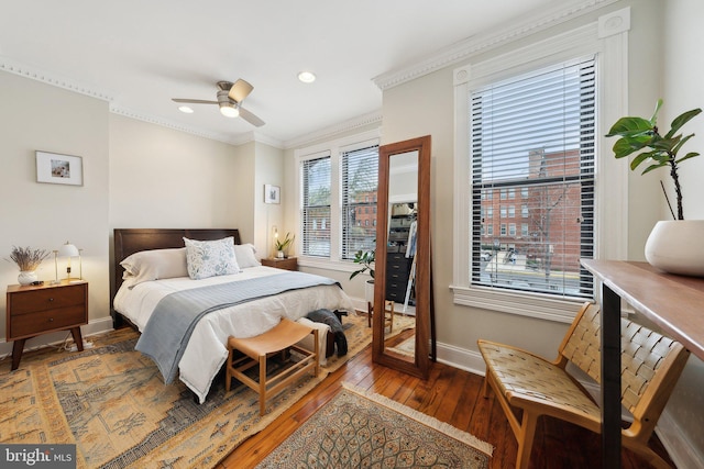 1619 Marion St NW, Washington, DC 20001 - bedroom featuring baseboards, hardwood / wood-style flooring, crown molding, recessed lighting, and a ceiling fan