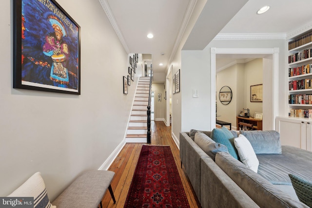 1619 Marion St NW, Washington, DC 20001 - hallway with wood-type flooring, built in features, ornamental molding, stairs, and recessed lighting