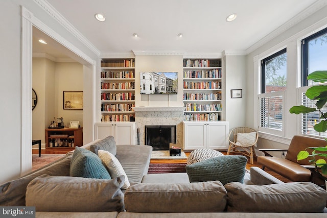 1619 Marion St NW, Washington, DC 20001 - living room featuring ornamental molding, a high end fireplace, recessed lighting, built in features, and wood finished floors