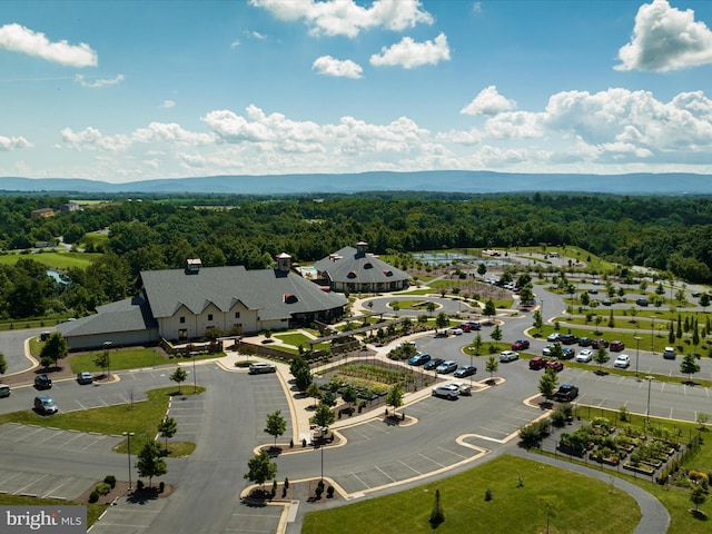 drone / aerial view with a mountain view and a wooded view