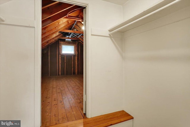 walk in closet featuring vaulted ceiling and wood-type flooring