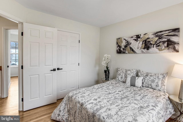 bedroom featuring wood finished floors and a closet