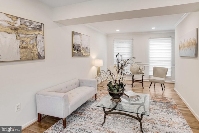 sitting room with baseboards, wood finished floors, and ornamental molding