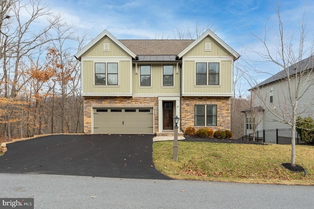 view of front of house featuring driveway, stone siding, board and batten siding, a shingled roof, and a garage