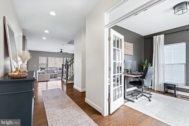 home office with visible vents, recessed lighting, baseboards, and wood finished floors