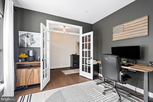 office area featuring french doors, baseboards, and wood finished floors