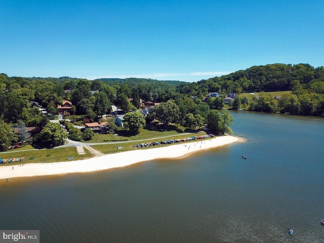 birds eye view of property with a forest view and a water view