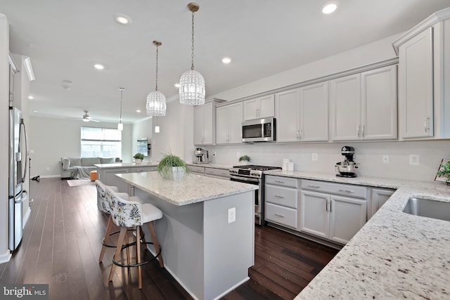 kitchen featuring light stone countertops, appliances with stainless steel finishes, open floor plan, and dark wood finished floors