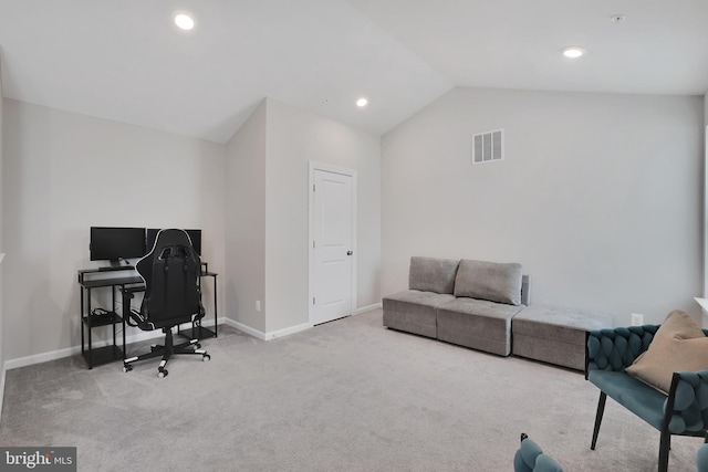 carpeted office space featuring baseboards, visible vents, vaulted ceiling, and recessed lighting