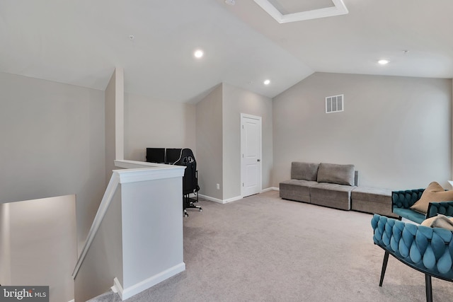 carpeted home office featuring baseboards, visible vents, vaulted ceiling, and recessed lighting