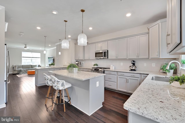 kitchen featuring appliances with stainless steel finishes, open floor plan, dark wood finished floors, and backsplash