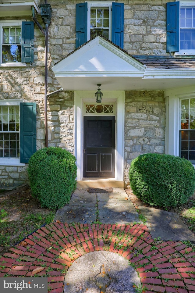 entrance to property with stone siding