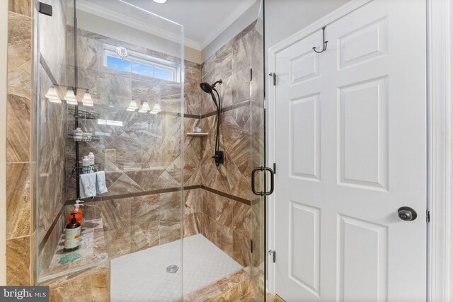 bathroom featuring ornamental molding and a shower stall