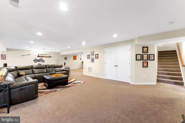 living room with recessed lighting, visible vents, baseboards, stairs, and carpet