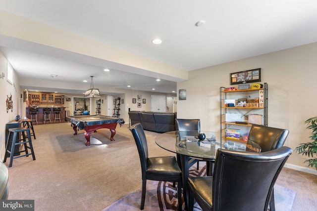 carpeted dining area featuring a bar, recessed lighting, baseboards, and pool table