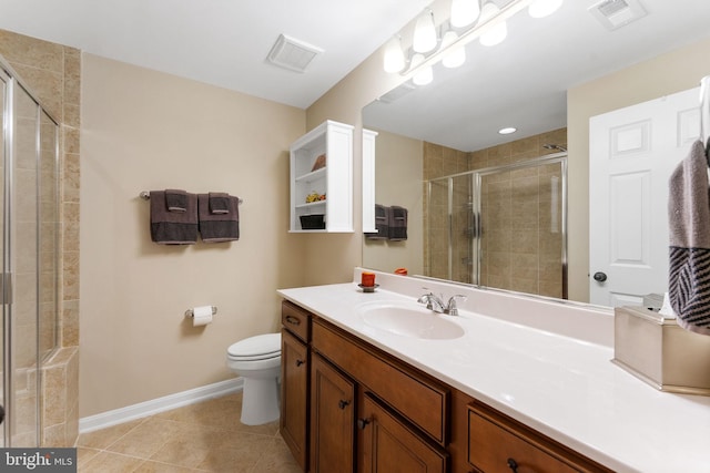 bathroom featuring a stall shower, baseboards, visible vents, and vanity