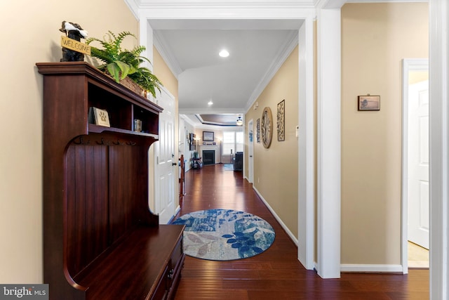 hall featuring baseboards, dark wood-style flooring, crown molding, and recessed lighting