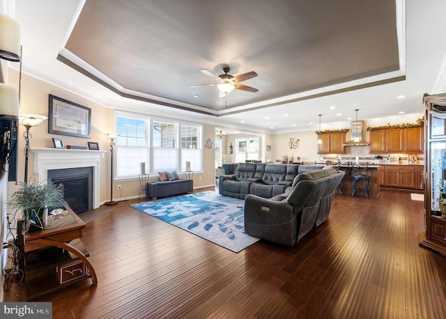 living area featuring a fireplace with flush hearth, dark wood-style flooring, a raised ceiling, and crown molding