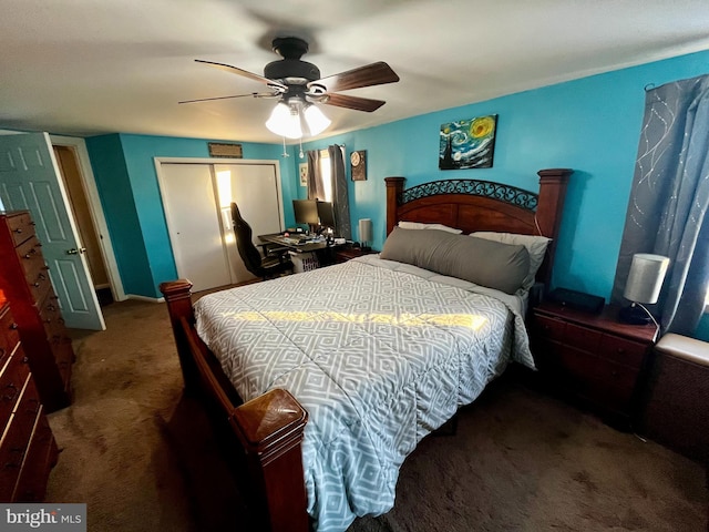 bedroom with a closet, carpet, and a ceiling fan