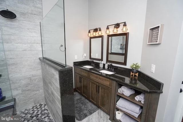 bathroom with a sink, walk in shower, and double vanity