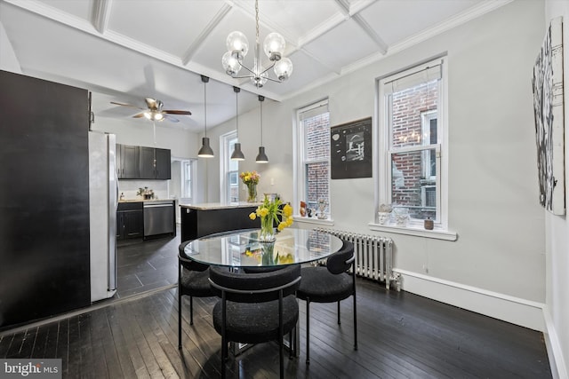 dining space with dark wood-type flooring, a wealth of natural light, coffered ceiling, and radiator heating unit