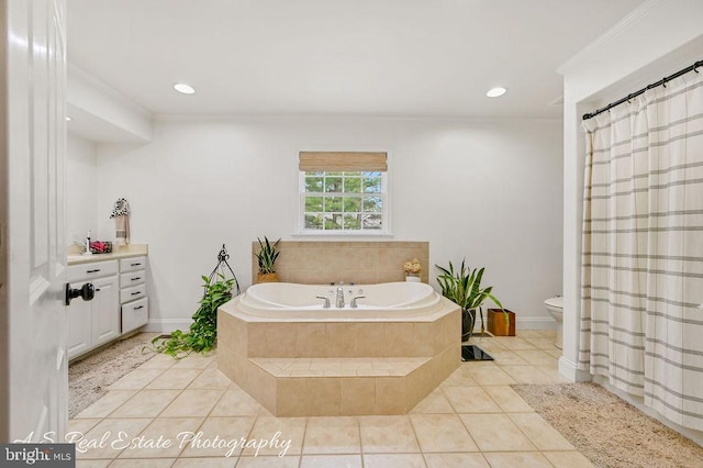 bathroom with toilet, recessed lighting, a bath, and tile patterned floors