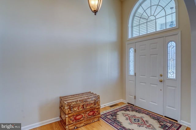 entrance foyer with plenty of natural light, wood finished floors, and baseboards