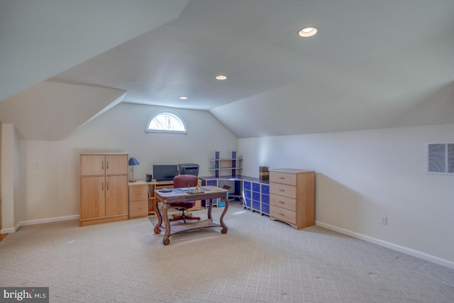 home office with light carpet, visible vents, baseboards, lofted ceiling, and recessed lighting