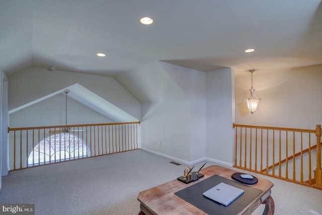 carpeted office featuring baseboards, visible vents, vaulted ceiling, and recessed lighting