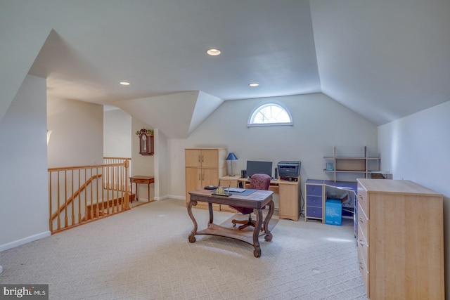 office area featuring lofted ceiling, light carpet, baseboards, and recessed lighting