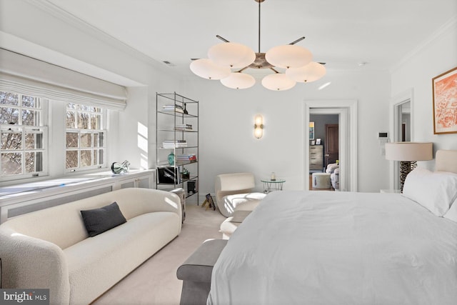 bedroom featuring light carpet and ornamental molding