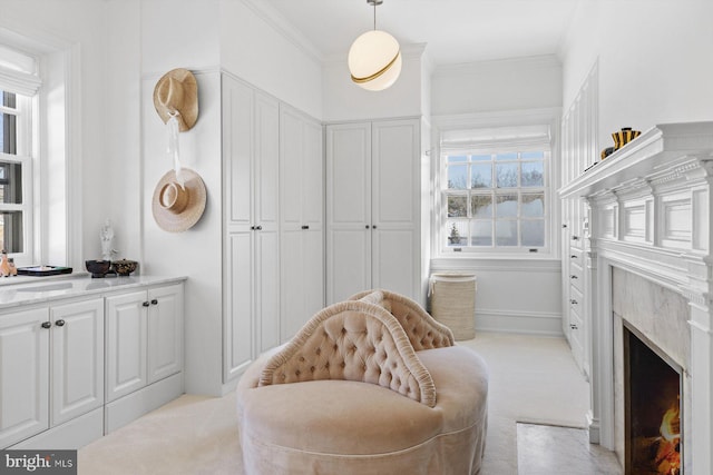 interior space featuring light carpet, baseboards, ornamental molding, and a high end fireplace