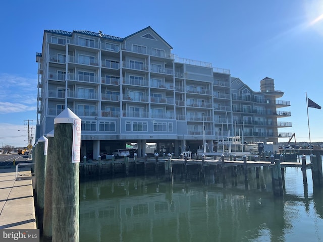 view of building exterior featuring a water view