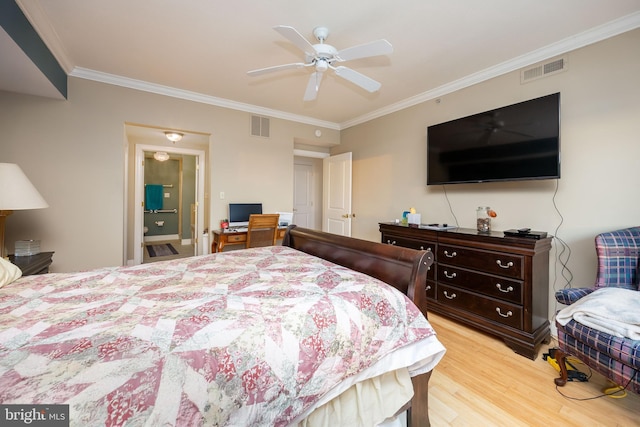 bedroom featuring crown molding, a ceiling fan, visible vents, and light wood-type flooring