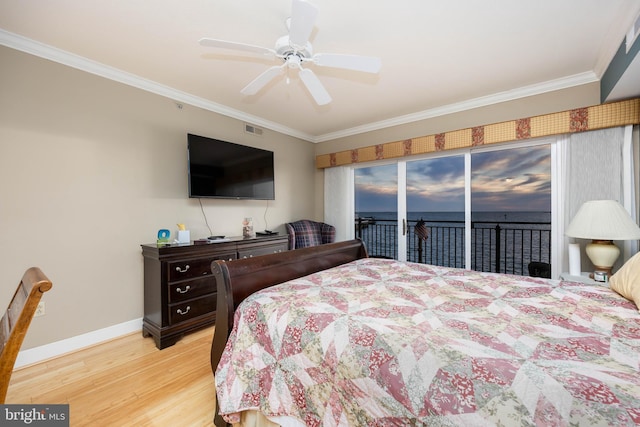 bedroom featuring baseboards, light wood-style flooring, ceiling fan, ornamental molding, and access to exterior