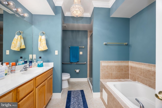 bathroom featuring crown molding, toilet, a bath, tile patterned floors, and vanity