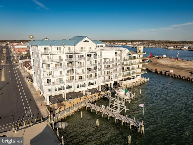 view of building exterior featuring a water view