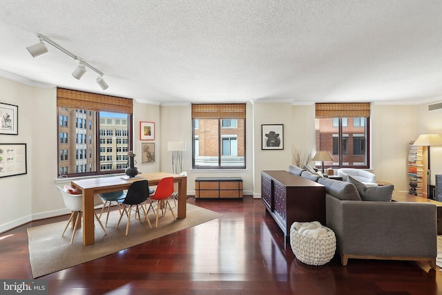 dining space featuring plenty of natural light, dark wood-style floors, and a textured ceiling