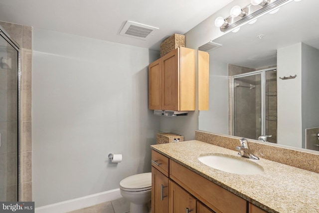 bathroom featuring visible vents, toilet, a stall shower, tile patterned flooring, and baseboards