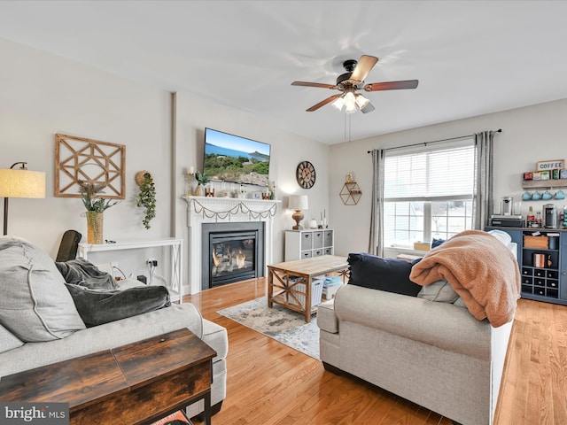 living room with light wood-type flooring, a glass covered fireplace, and ceiling fan