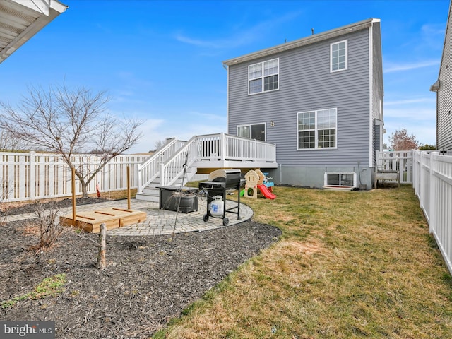 back of property with a yard, a patio area, cooling unit, a fenced backyard, and a wooden deck