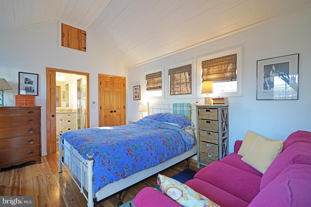 bedroom featuring lofted ceiling, wood finished floors, and ensuite bathroom