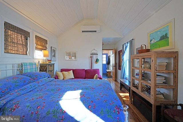 bedroom with wood ceiling, lofted ceiling, wood finished floors, and a wall mounted AC