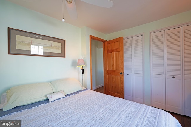 bedroom featuring ceiling fan, dark wood finished floors, and two closets