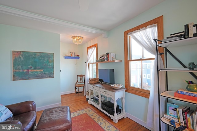 interior space featuring a chandelier, wood finished floors, and baseboards