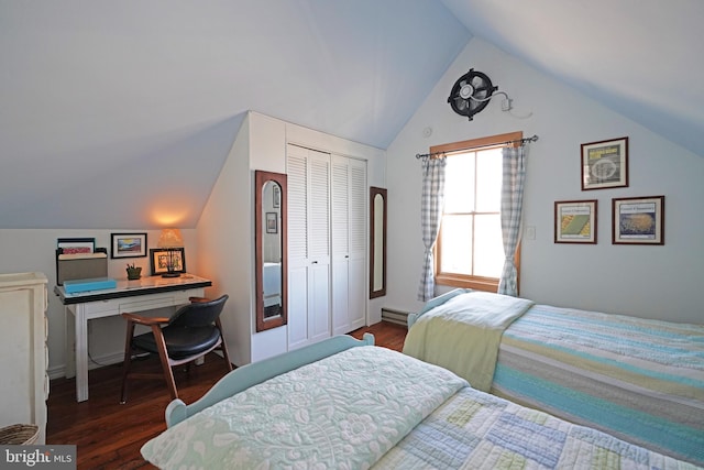 bedroom with lofted ceiling, a closet, a baseboard radiator, and wood finished floors