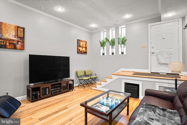 living room featuring baseboards, a textured ceiling, wood finished floors, and crown molding