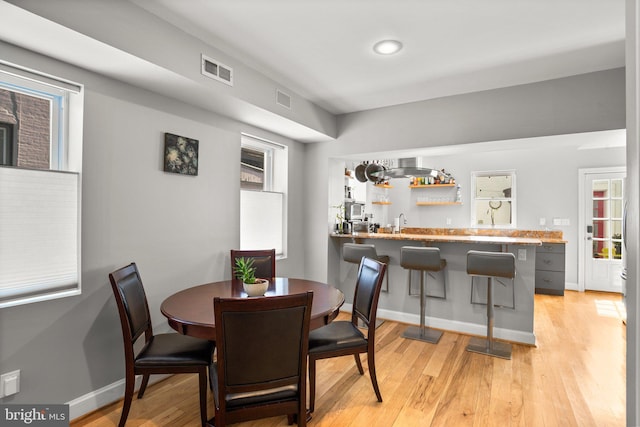 dining area with visible vents, wet bar, light wood-type flooring, and baseboards